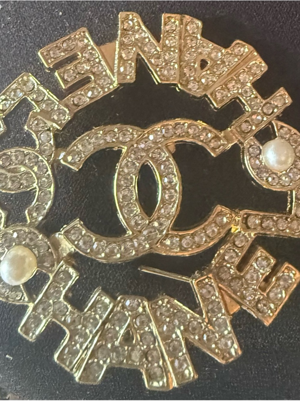 CHANEL Gold-Tone Crystal CC Logo Brooch with Pearl Accents